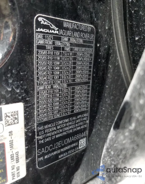 2021 Jaguar F-Pace S из США, поврежденный, VIN SADCJ2EU0MA688443